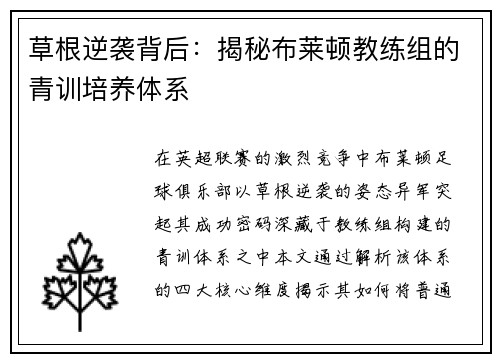 草根逆袭背后：揭秘布莱顿教练组的青训培养体系