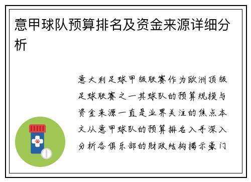 意甲球队预算排名及资金来源详细分析
